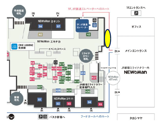 【新宿駅】スイーツなどの食物販や飲料、グロサリーなどの催事に適した新宿駅ミライナタワー改札脇のイベントスペース（改札外）の図面・フロアマップ